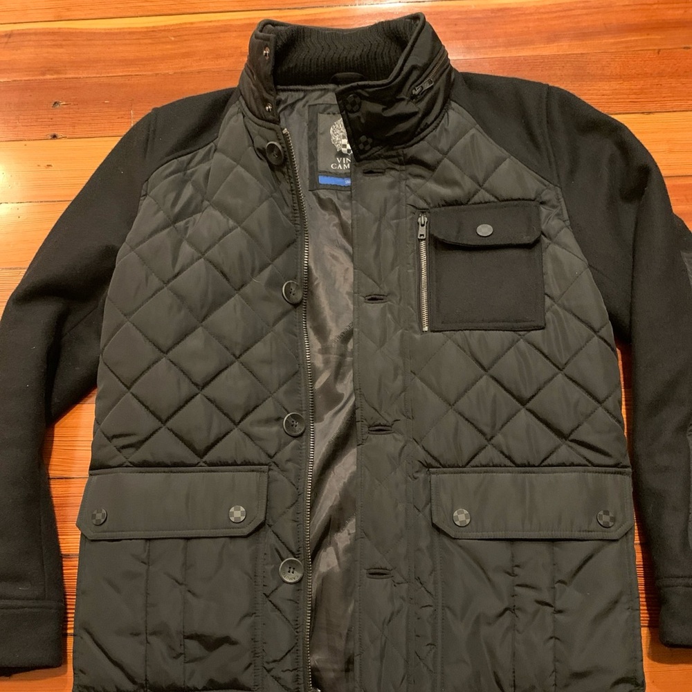 Men’s Vince Camuto Black Quilted Jacket Wool Sleeves size Small EUC